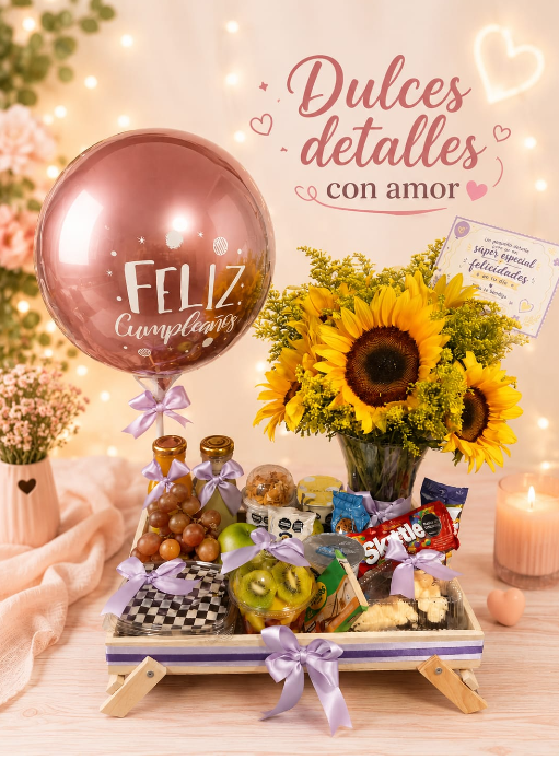 Canasta sorpresa con globo de feliz cumpleaños, girasoles y snacks